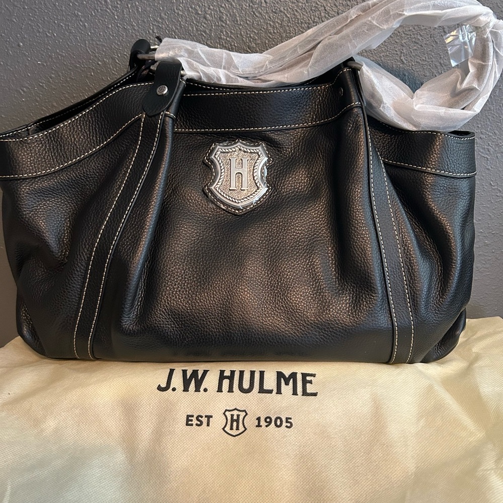 J.W. Hulme Black Leather Shoulder Bag with Crest Emblem